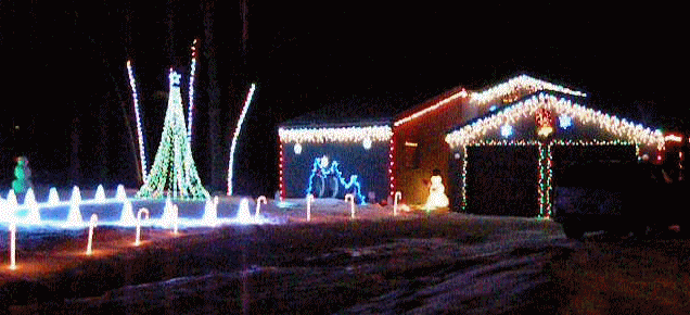 Nighttime pic of 				yard and house lit up with led lights