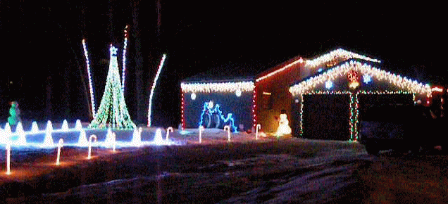 Nighttime pic of yard and house lit up with led lights